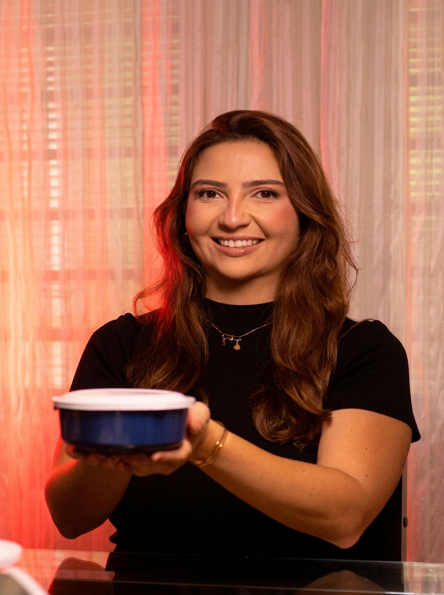 Proprietária apresentando os produtos